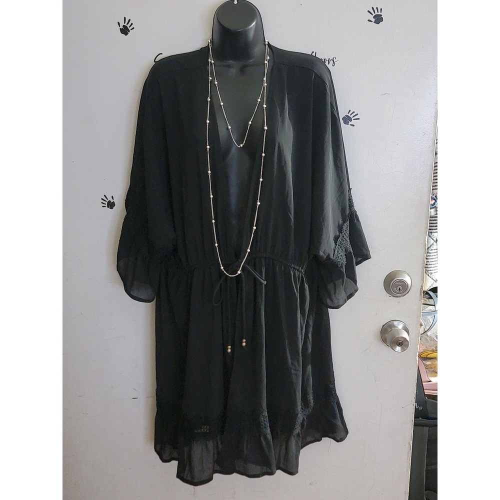 Time and Tru Womens 2X‎ Black Lace Trim Kimono Drawstring Waist Cover Up Dress